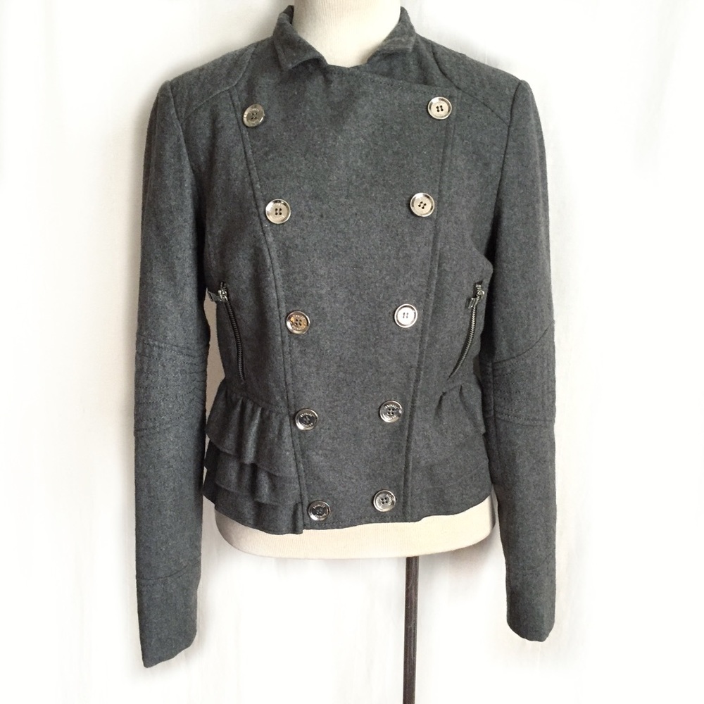 Express Gray Ruffled Bottom Wool Jacket - Picture 2 of 8